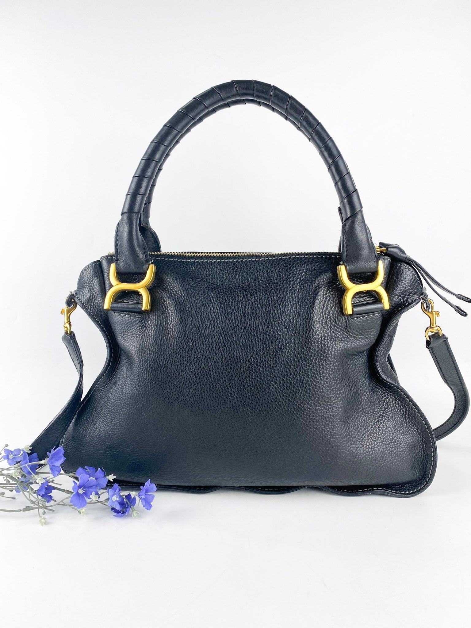 Chloe Marcie Medium Pebbled Calfskin Leather Black Hobo Bag