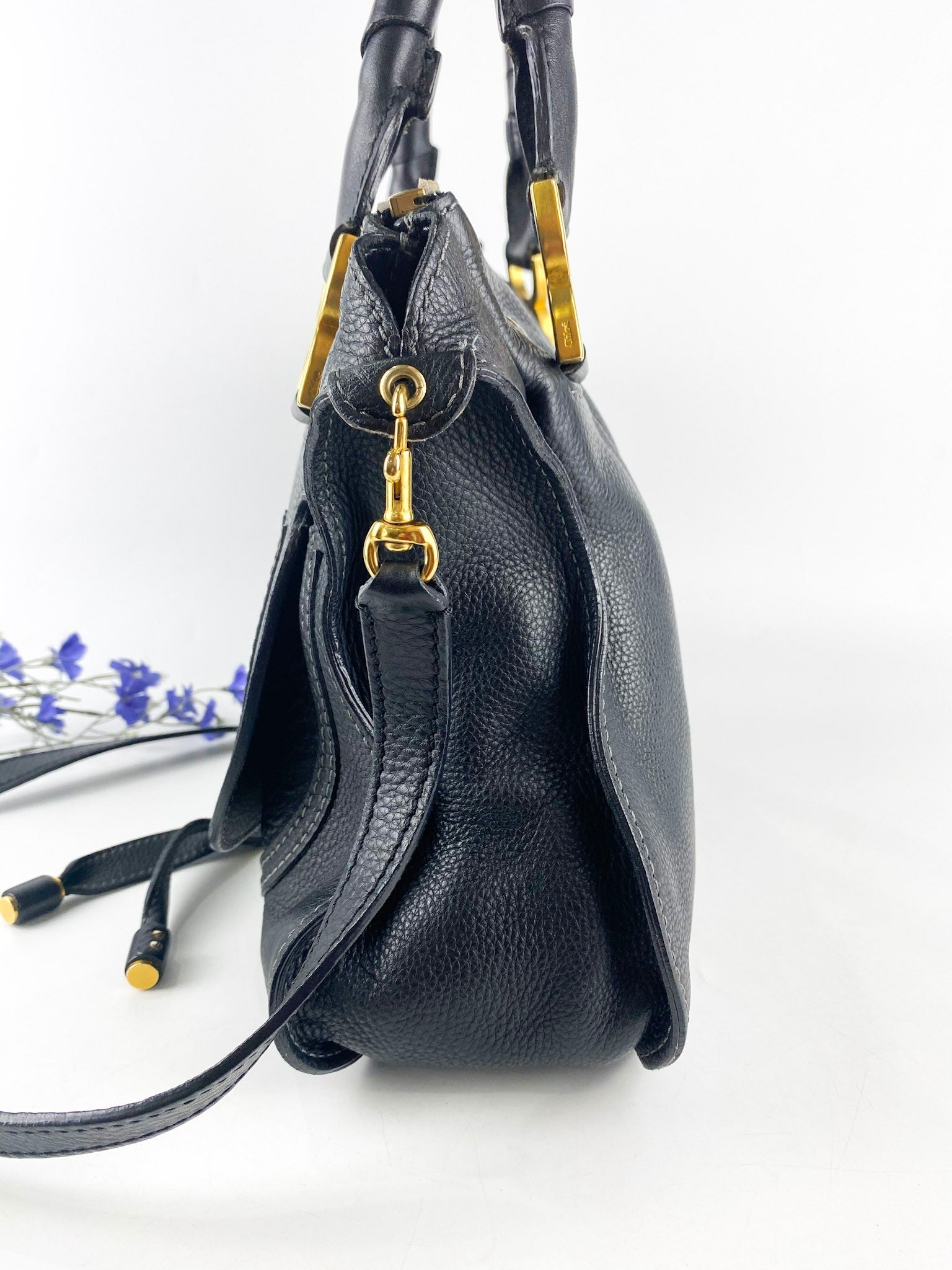 Chloe Marcie Medium Pebbled Calfskin Leather Black Hobo Bag