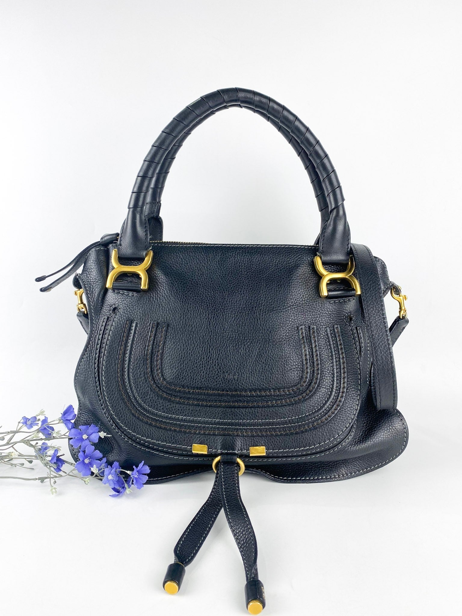 Chloe Marcie Medium Pebbled Calfskin Leather Black Hobo Bag