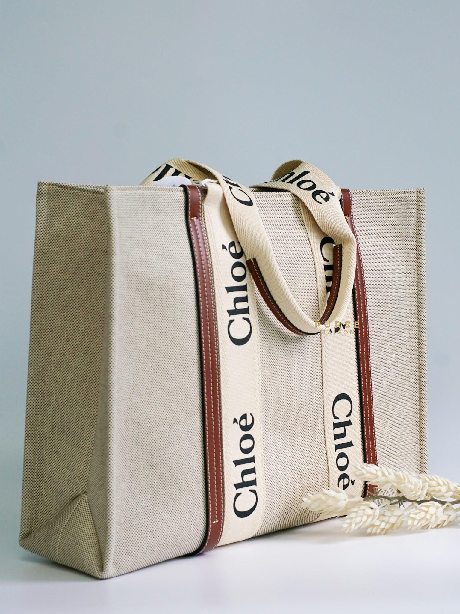 Chloe Woody Large Canvas Tote (White/Brown)