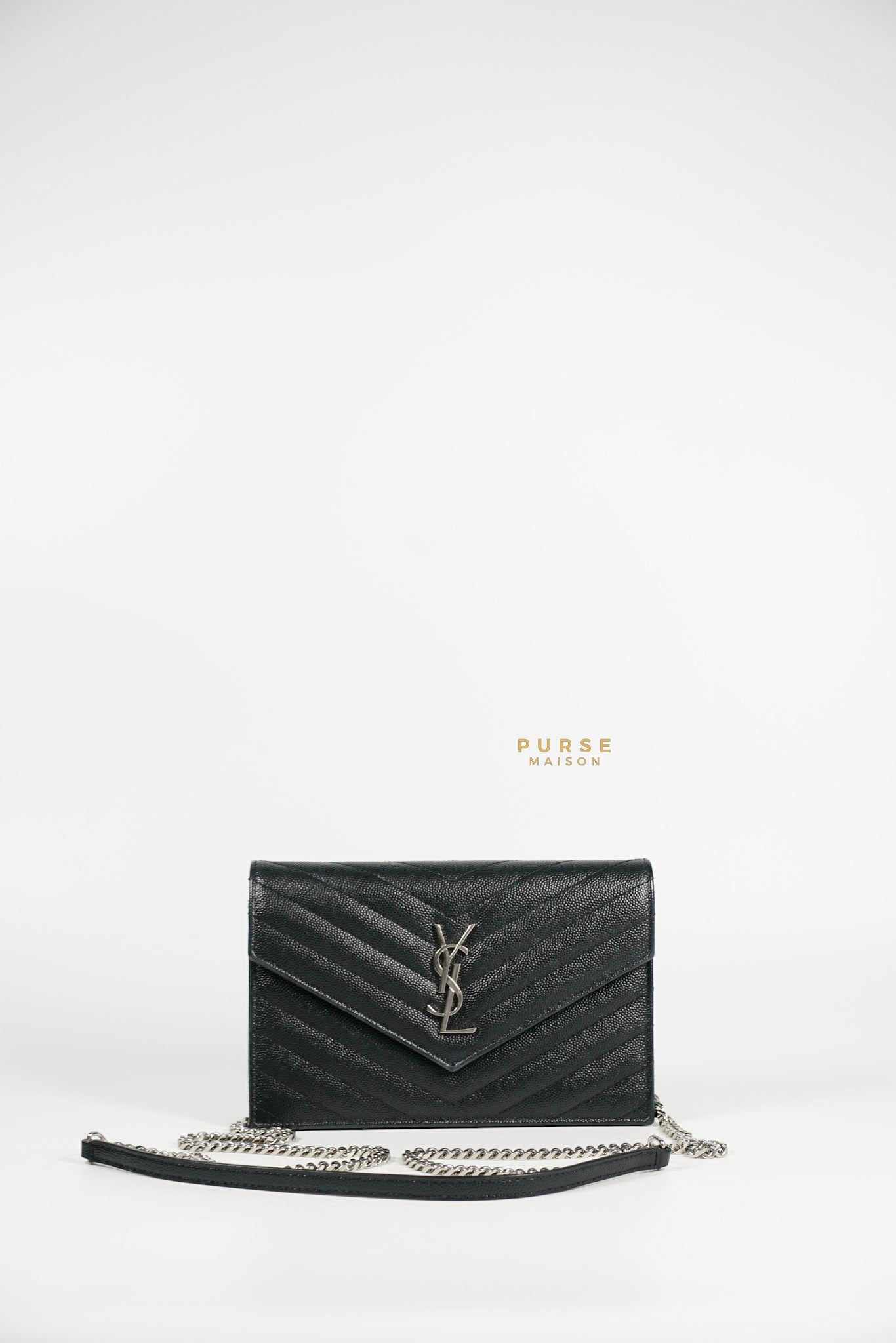 YSL Wallet on Chain Small in Monogram Grain Black Leather and Silver Hardware
